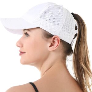 Nanwansu Womens Criss Cross Ponytail Baseball Cap Adjustable Messy Bun Mesh Quick Drying Hat White