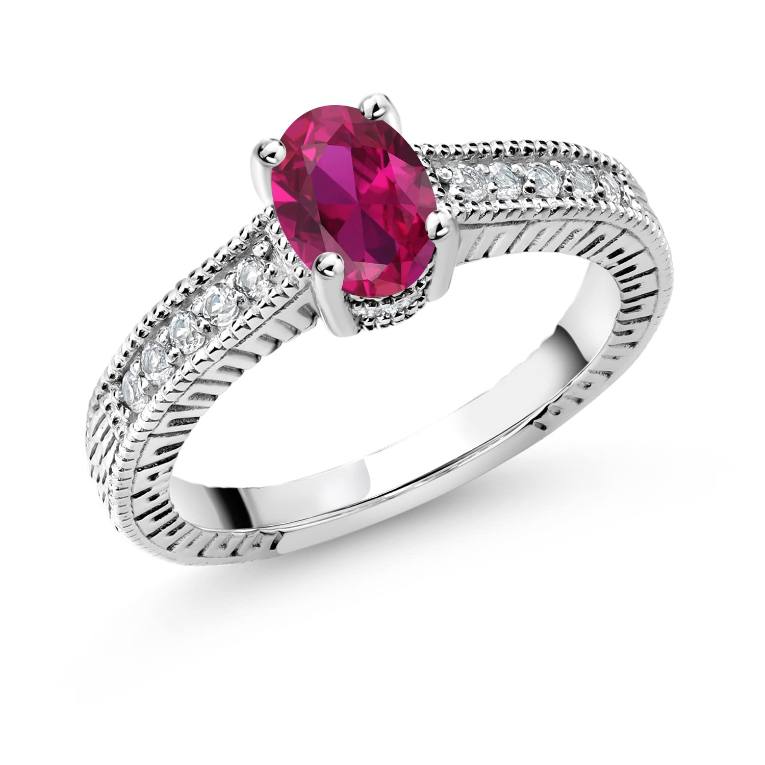 Gem Stone King 925 Sterling Silver Oval Red Created Ruby and White Moissanite Women Engagement Ring (1.00 Cttw, Available In Size 5, 6, 7, 8, 9)