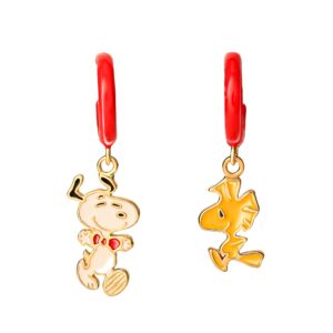 Peanuts Womens Flash Plated Sterling Silver and Enamel Woodstock and Snoopy Earrings - Small Hoop Dangle Earrings with Woodstock and Snoopy Charm - Officially Licensed