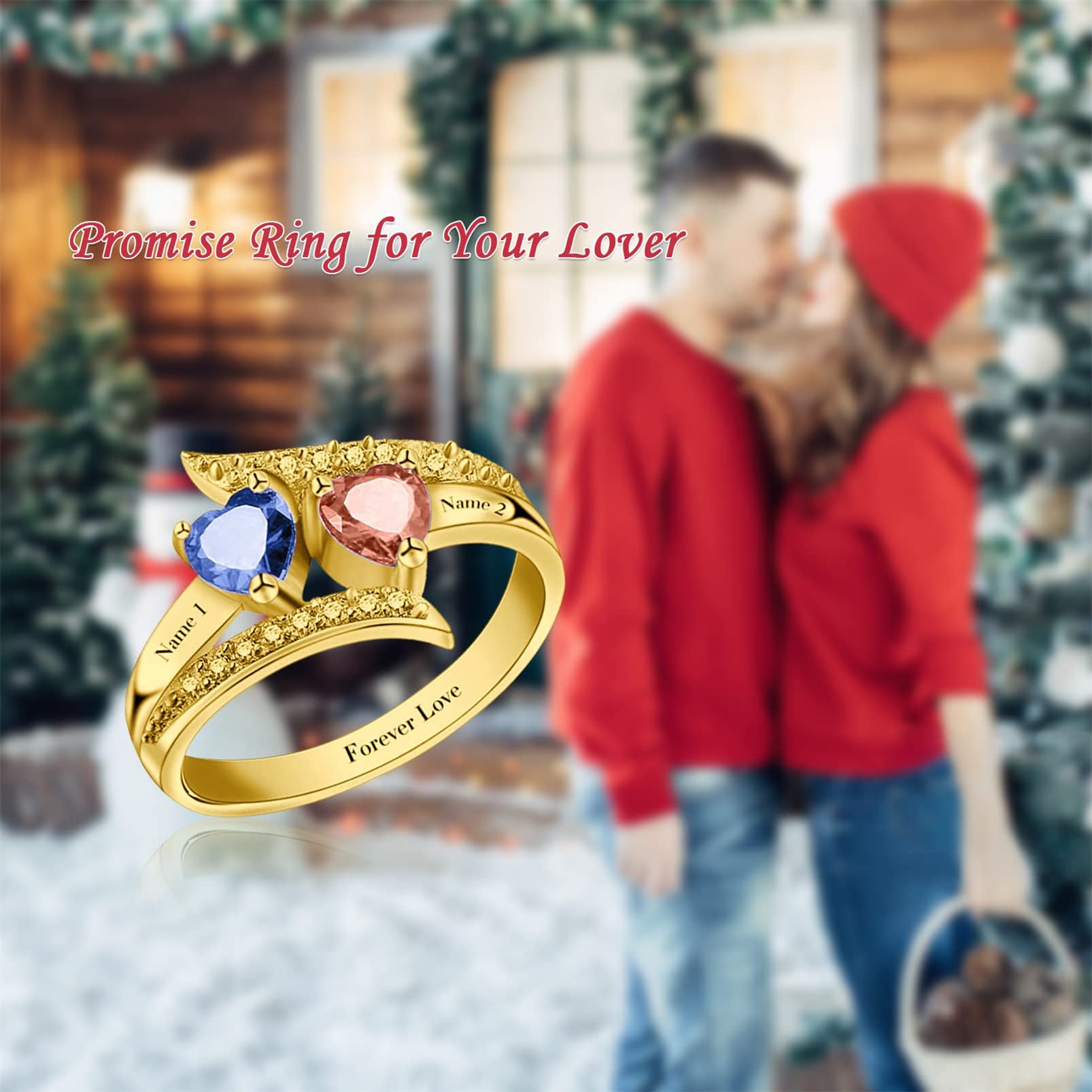 ORFANDE Personalized Promise Rings for Her with Simulated Birthstones Custom Couples Name Ring for Women Free Engraved Birthstone Ring for Birthday Anniversary Christmas (2 Stone-A)