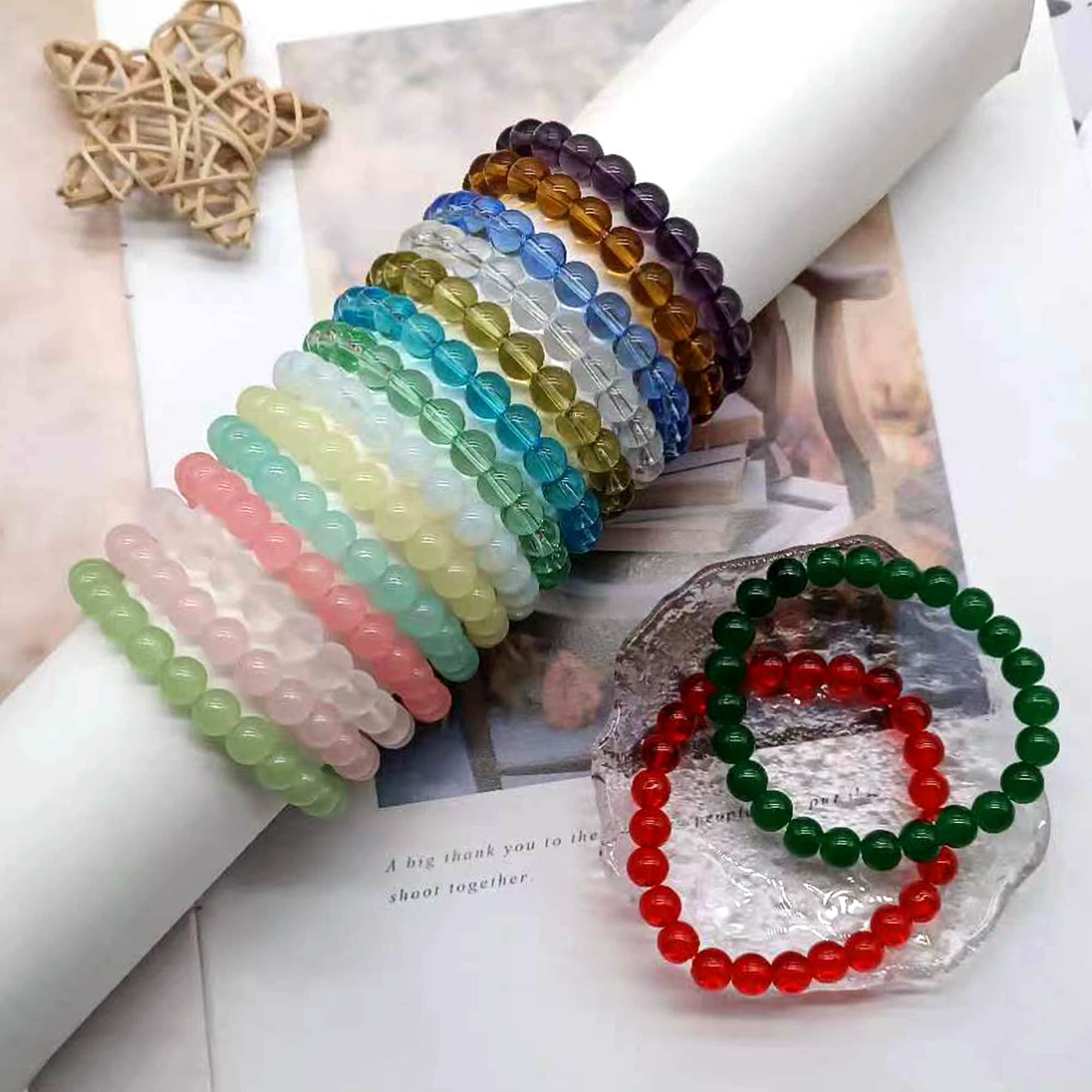 MOZAKA 21Pcs 8mm Beaded Bracelets for Women Handmade Stretch Crystal Glass Bead Bracelets Set Multicolor Round Glass Beads Elastic Bracelet Jewelry Set