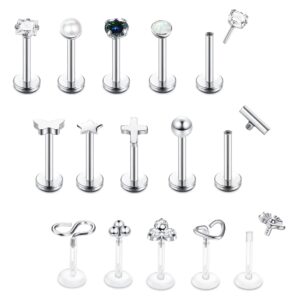 ZELORES 15Pcs 16G Tragus Helix Piercing Jewelry 316l Stainless Steel Flat Back Earrings Threadless Push in Lip Rings Labret Studs Monroe Medusa Piercing Jewelry Cartilage Earrings For Women Men 6mm