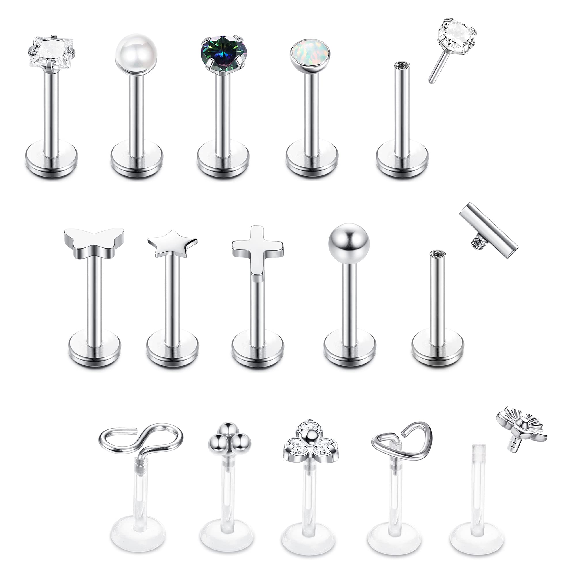 ZELORES 15Pcs 16G Tragus Helix Piercing Jewelry 316l Stainless Steel Flat Back Earrings Threadless Push in Lip Rings Labret Studs Monroe Medusa Piercing Jewelry Cartilage Earrings For Women Men 6mm