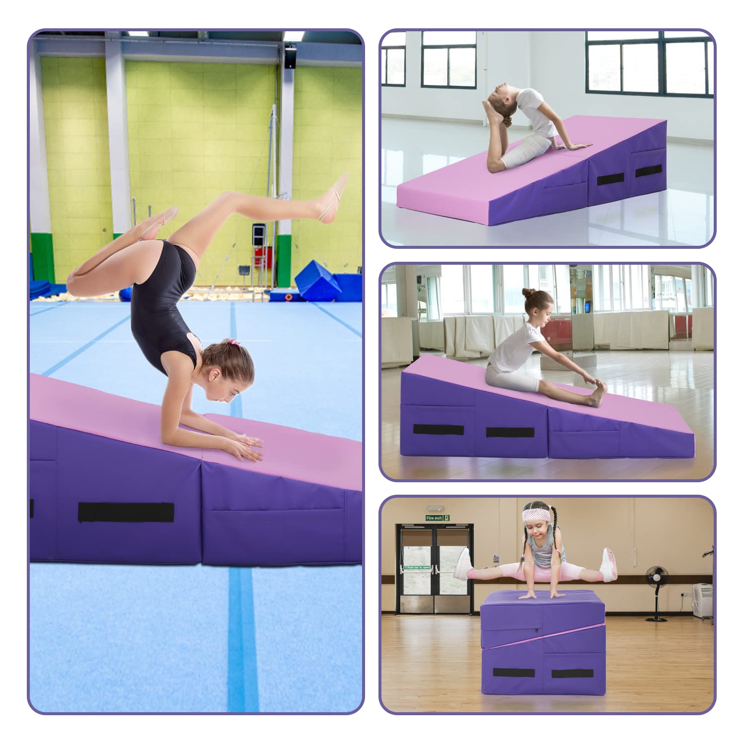 Gymnastics Mat Cheese Mat for Kid Adult, 48"X24"X14" Folding Tumbling Mats for Home Gym, Incline Gymnastics Wedge Mat with Non-Slip PVC Surface & Handle, Pink