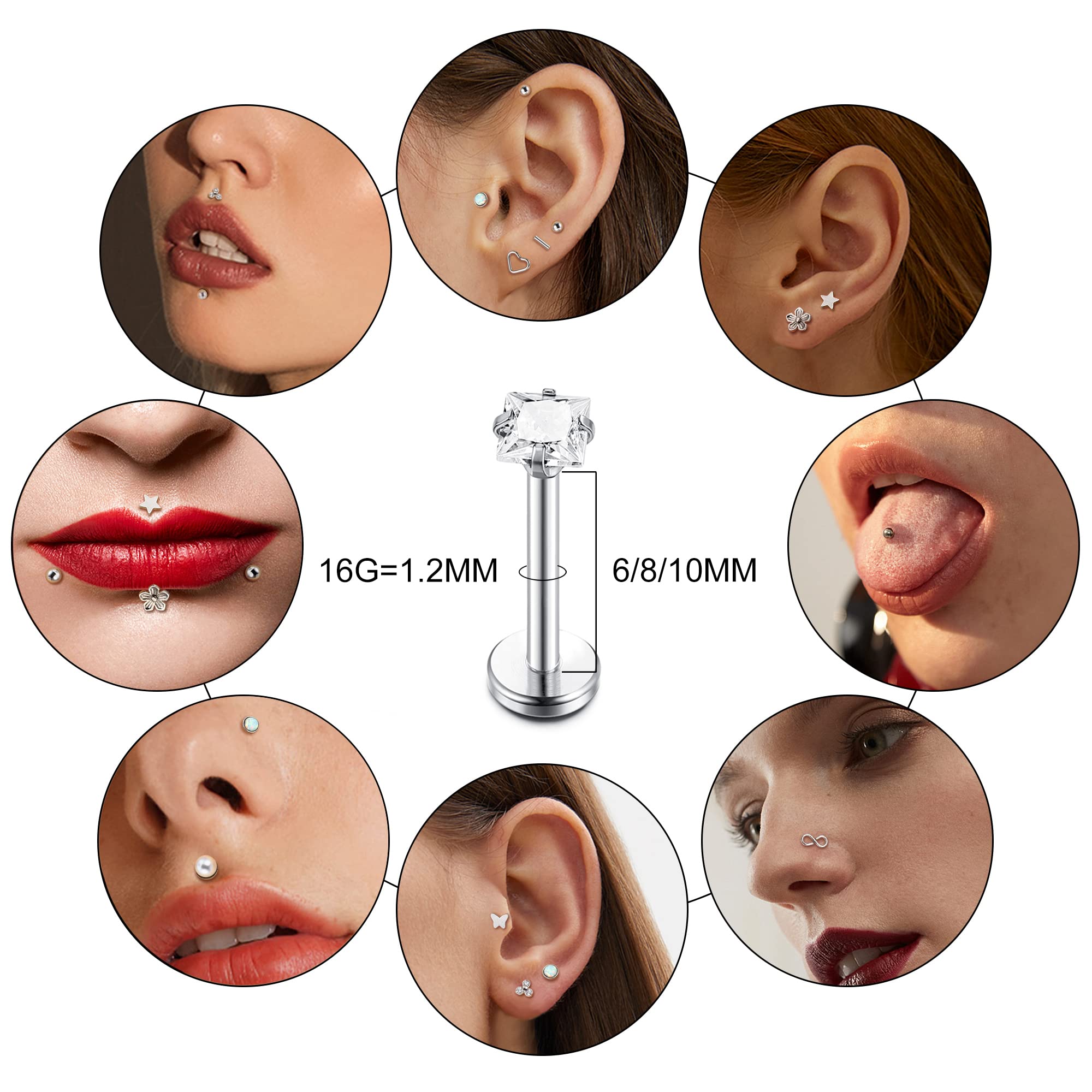 ZELORES 15Pcs 16G Tragus Helix Piercing Jewelry 316l Stainless Steel Flat Back Earrings Threadless Push in Lip Rings Labret Studs Monroe Medusa Piercing Jewelry Cartilage Earrings For Women Men 6mm