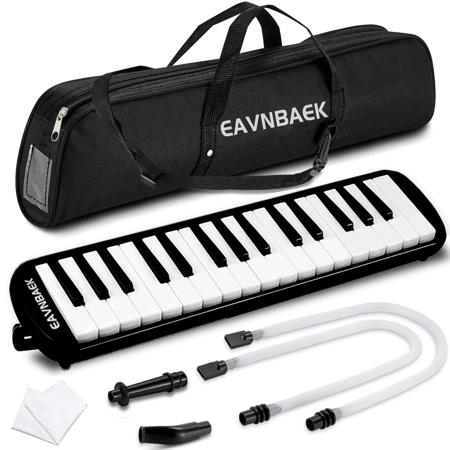 Eavnbaek 32 Keys Melodica Instrument, Soprano Melodica Air Piano Keyboard Pianica with 2 Soft Long Tubes, 2 Short Mouthpieces and Carrying Bag (Black)