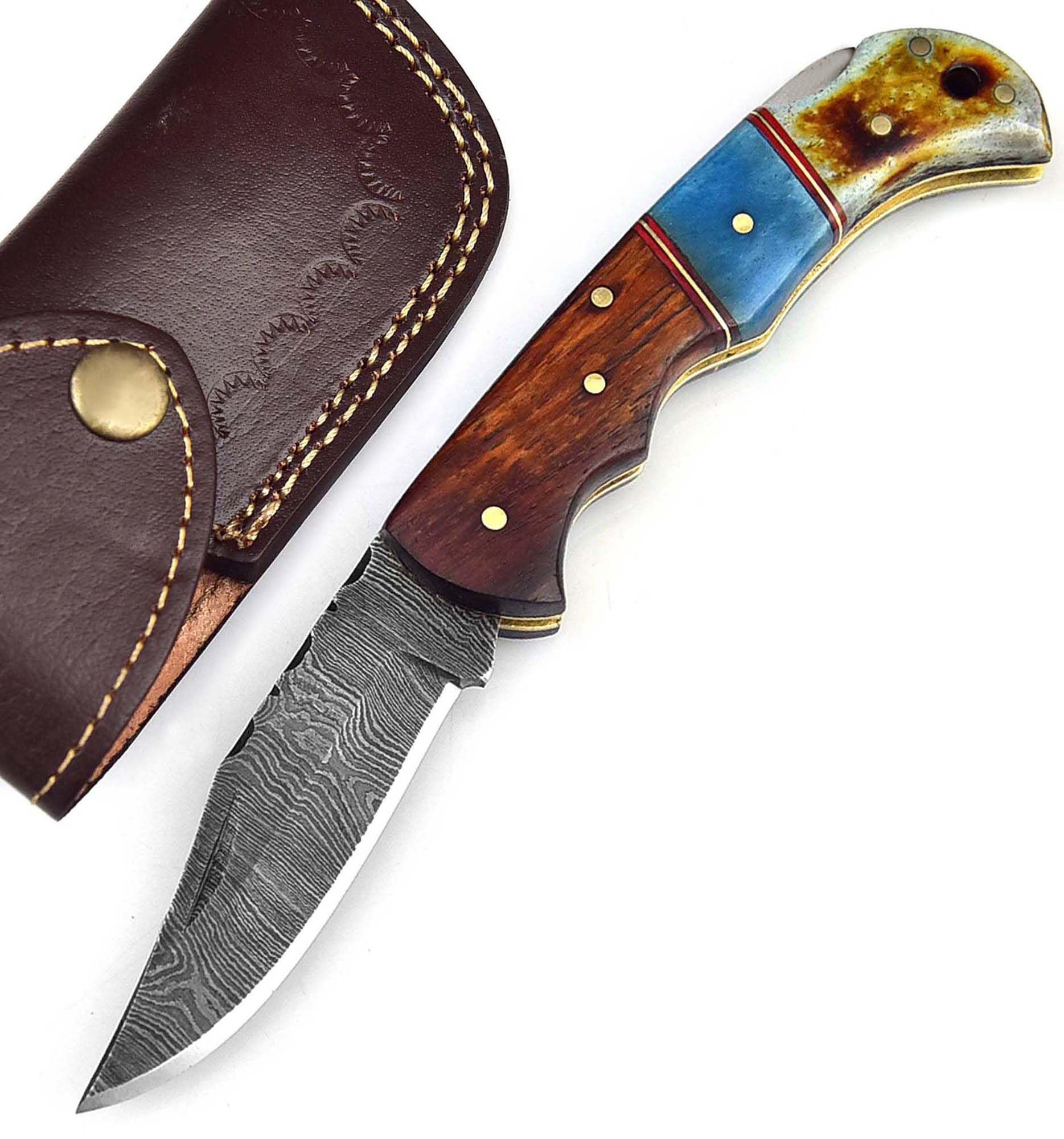 Back Lock Handmade Folding knifeBack Lock Pocket knife Damascus Steel Blade Back Lock Camel Bone Handle Leather Sheath BW-5173