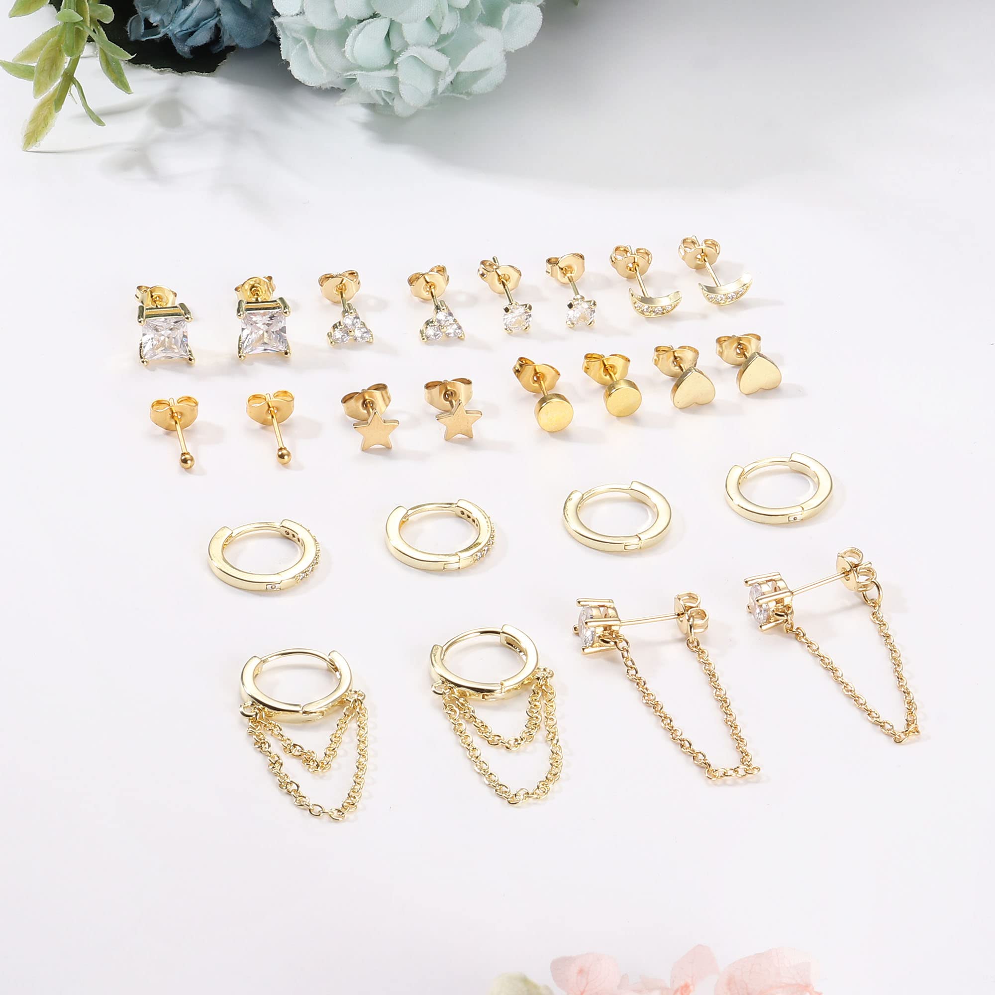 IRONBOX 12Pairs 14K Gold Plated Huggie Hoop Studs Earrings Set for Women Small Dainty Minimalist Chain Earrings Cartilage Heart CZ Ball Earrings Sets for Multiple Piercing Gold