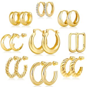 adoyi gold hoop earrings, 14k gold plated lightweight jewelry, small chunky huggie hoop earrings set for women, 9 pairs