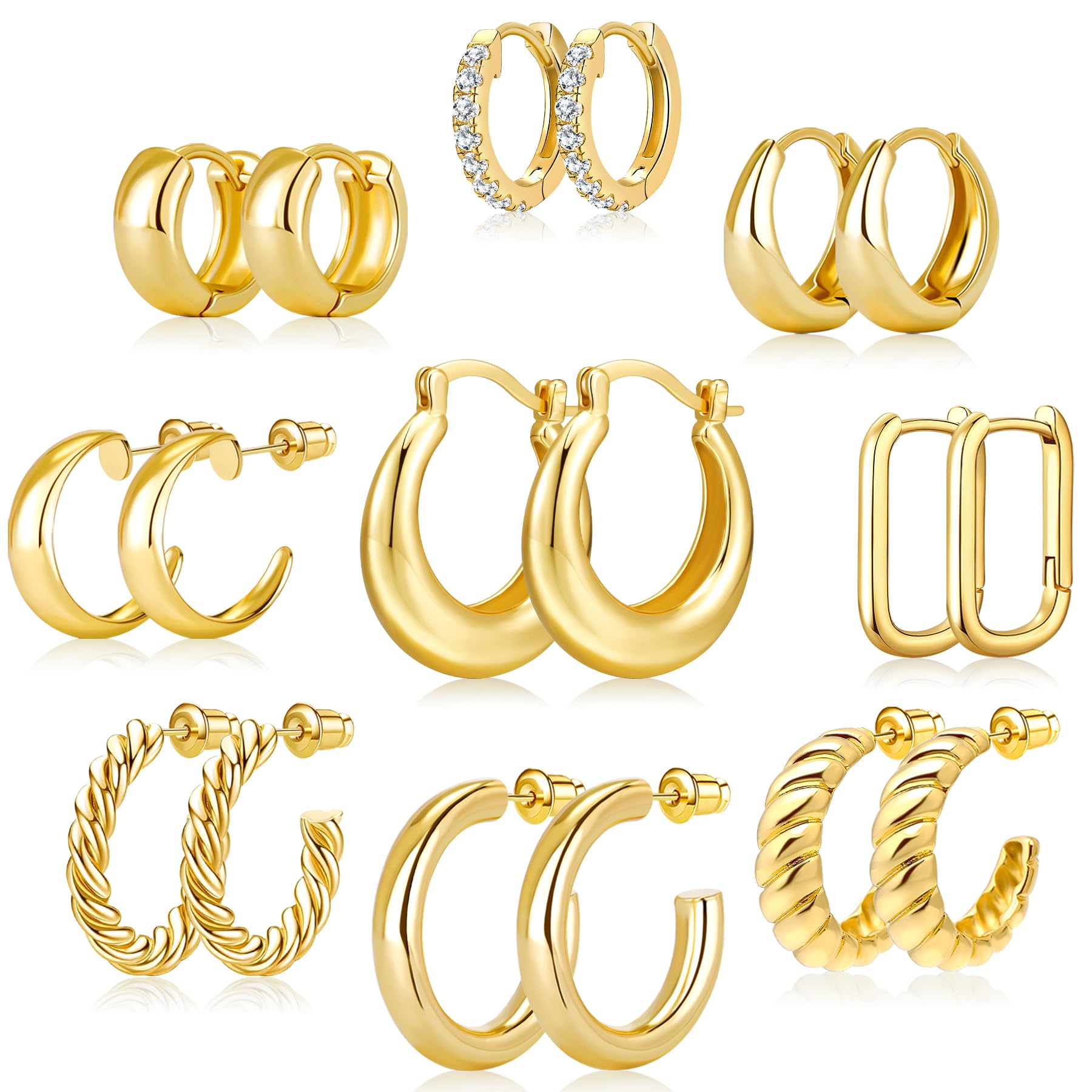 Adoyi Gold Hoop Earrings, 14K Gold Plated Lightweight Jewelry, Small Chunky Huggie Hoop Earrings Set for Women, 9 Pairs