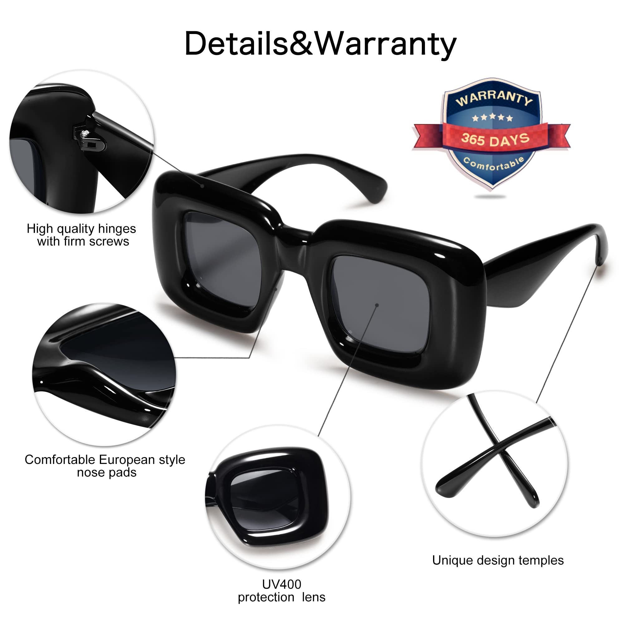 VANLINKER Cute Square Inflated Sunglasses for Women Men Trendy Chunky Glasses Retro Thick Frame Funny Mask Shades VL9733 Black