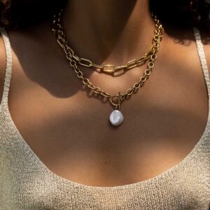 Cult of Sun Baroque Pearl Necklace 18K Gold Plated Tarnish Resistant Freshwater Pearl Necklace Gold Pearl Necklace Toggle Necklace Cultured Pearl Necklace Gold Toggle Necklace Chunky Pearl Necklace