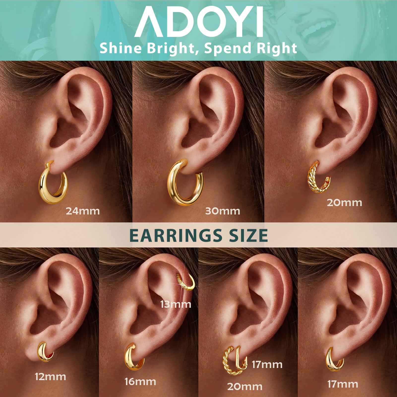 Adoyi Gold Hoop Earrings, 14K Gold Plated Lightweight Jewelry, Small Chunky Huggie Hoop Earrings Set for Women, 9 Pairs