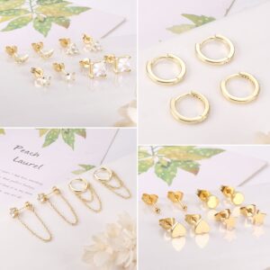 IRONBOX 12Pairs 14K Gold Plated Huggie Hoop Studs Earrings Set for Women Small Dainty Minimalist Chain Earrings Cartilage Heart CZ Ball Earrings Sets for Multiple Piercing Gold