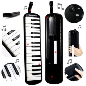 Eavnbaek 32 Keys Melodica Instrument, Soprano Melodica Air Piano Keyboard Pianica with 2 Soft Long Tubes, 2 Short Mouthpieces and Carrying Bag (Black)