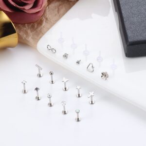 ZELORES 15Pcs 16G Tragus Helix Piercing Jewelry 316l Stainless Steel Flat Back Earrings Threadless Push in Lip Rings Labret Studs Monroe Medusa Piercing Jewelry Cartilage Earrings For Women Men 6mm