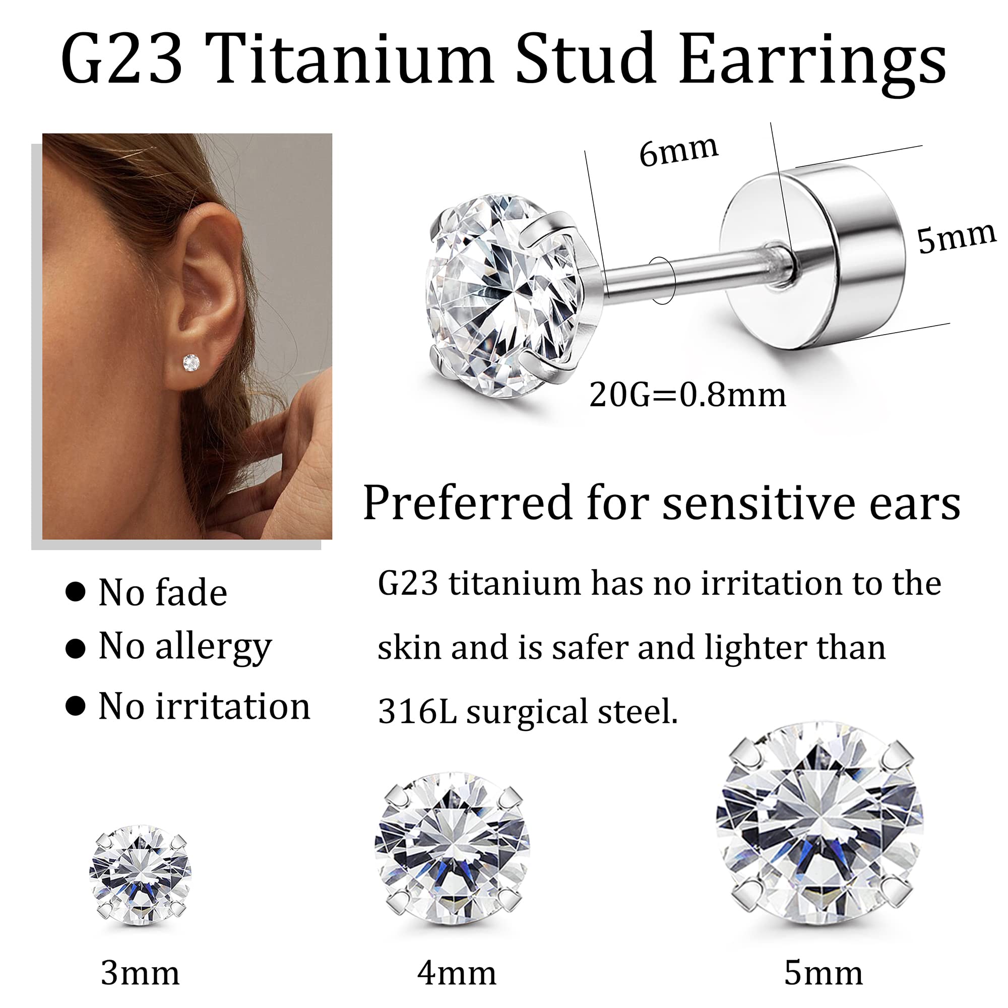 IRONBOX Titanium Earrings for Women Men G23 Titanium Stud Earrings Hypoallergenic 3-5mm Cubic Zirconia Cartilage Earrings 20G Flat Back Earrings