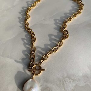 Cult of Sun Baroque Pearl Necklace 18K Gold Plated Tarnish Resistant Freshwater Pearl Necklace Gold Pearl Necklace Toggle Necklace Cultured Pearl Necklace Gold Toggle Necklace Chunky Pearl Necklace