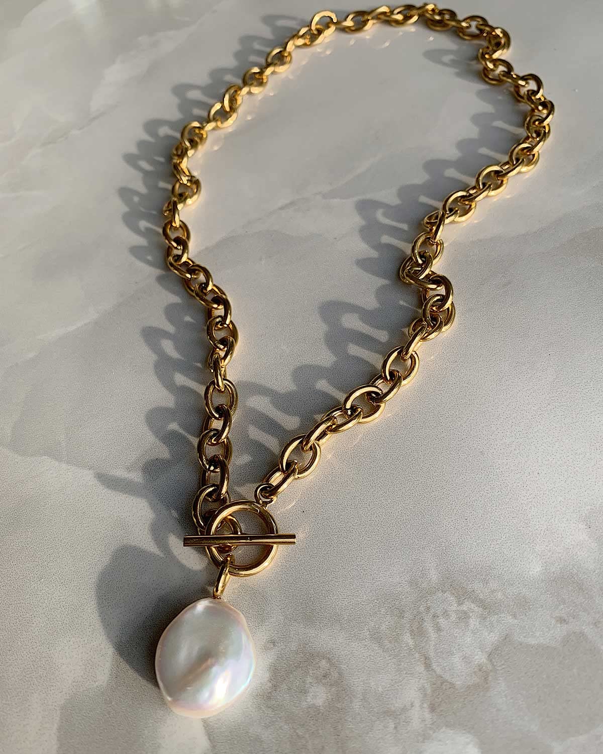 Cult of Sun Baroque Pearl Necklace 18K Gold Plated Tarnish Resistant Freshwater Pearl Necklace Gold Pearl Necklace Toggle Necklace Cultured Pearl Necklace Gold Toggle Necklace Chunky Pearl Necklace