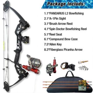 PANDARUS Bowfishing Bow Kit with Arrow Ready to Shoot Right Handed 15-45 LBS Draw Length 18"-29.5" Adjustable,Axle-to-Axle: 34.2",Complete Compound Bow Fishing Kit 2024 New（Black Left Handed）