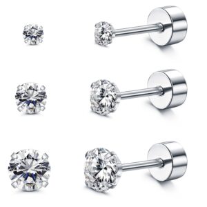 ironbox titanium earrings for women men g23 titanium stud earrings hypoallergenic 3-5mm cubic zirconia cartilage earrings 20g flat back earrings