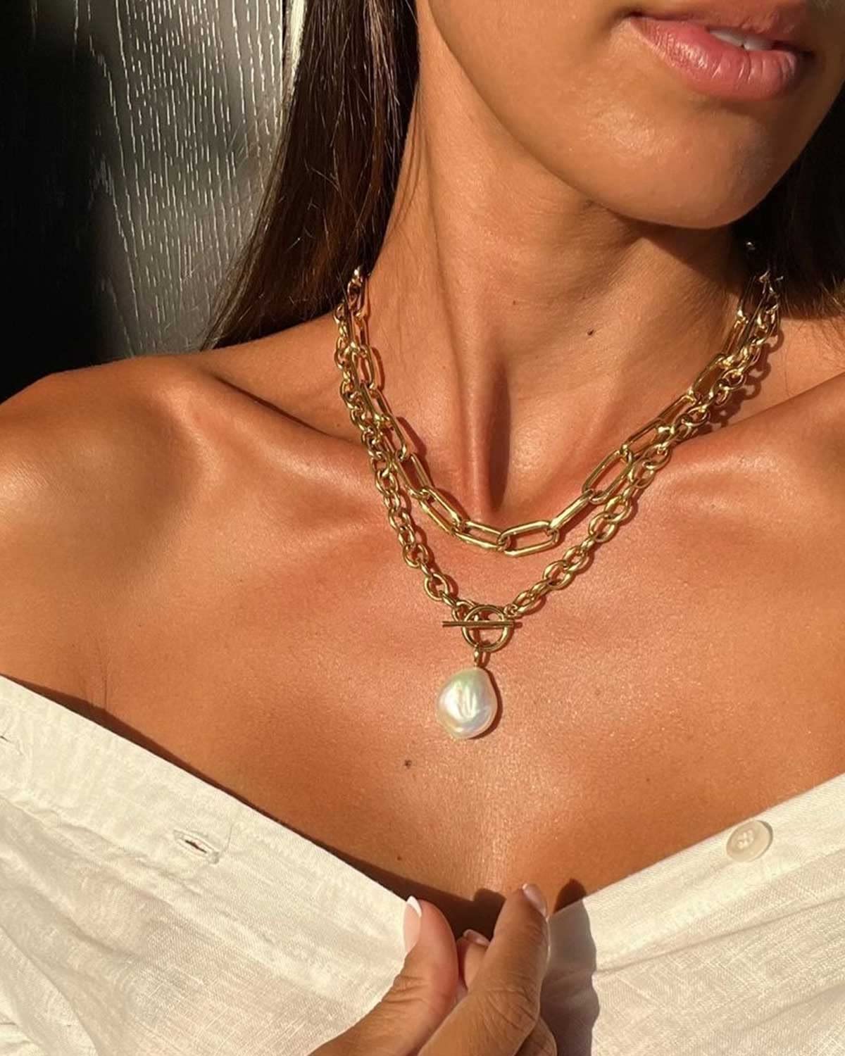 Cult of Sun Baroque Pearl Necklace 18K Gold Plated Tarnish Resistant Freshwater Pearl Necklace Gold Pearl Necklace Toggle Necklace Cultured Pearl Necklace Gold Toggle Necklace Chunky Pearl Necklace