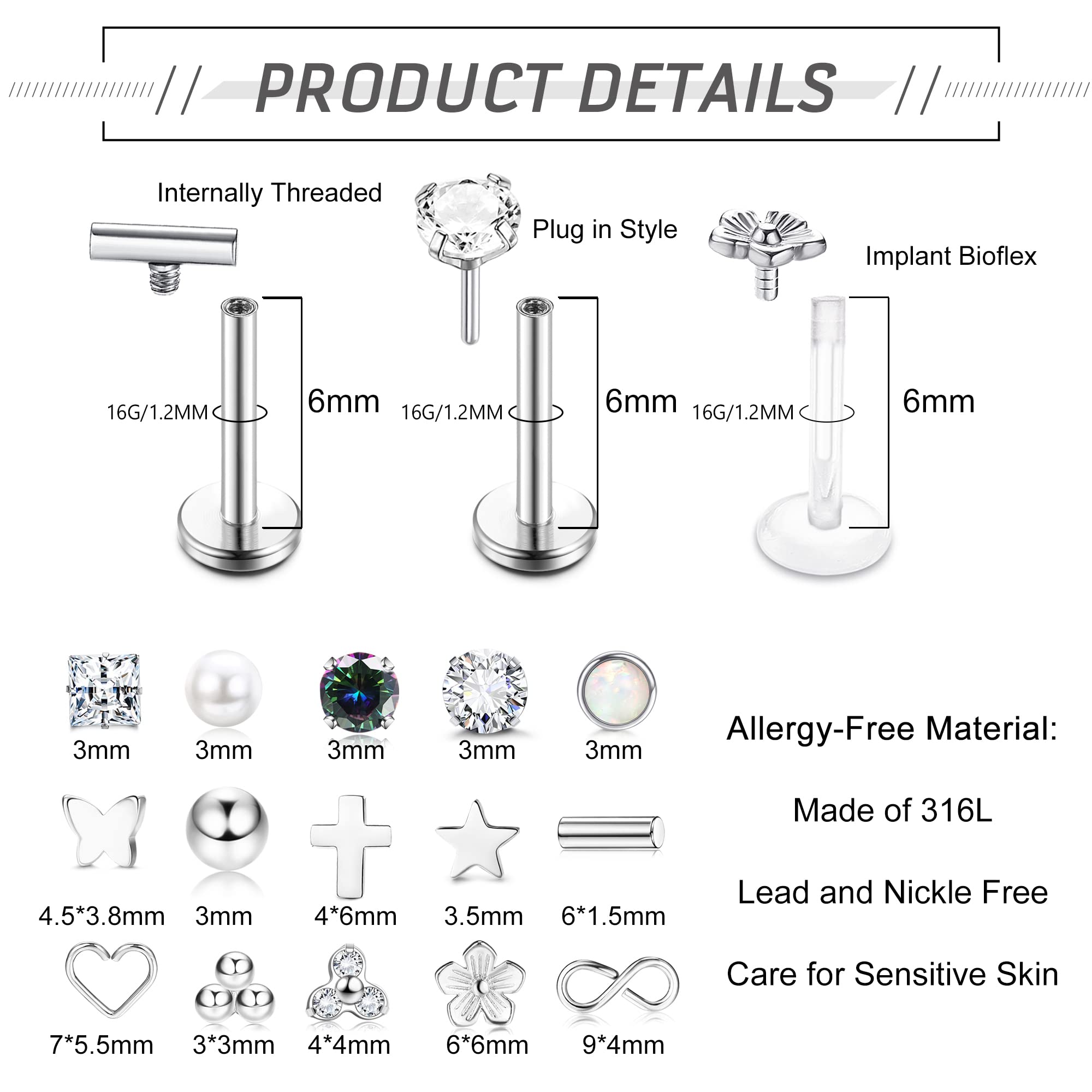 ZELORES 15Pcs 16G Tragus Helix Piercing Jewelry 316l Stainless Steel Flat Back Earrings Threadless Push in Lip Rings Labret Studs Monroe Medusa Piercing Jewelry Cartilage Earrings For Women Men 6mm