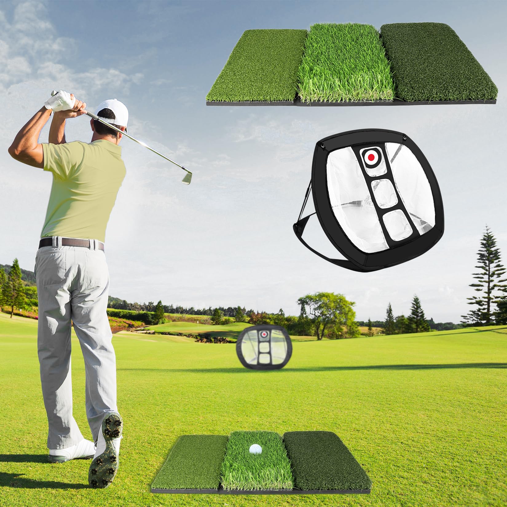 Foldable Golf Hitting Mat + Training Net, Portable Tri-Turf Mat & Golf Chipping Net Set for Swing Optimal Practice - Heavy Duty Folding Tri-Turf Golf Mat Indoor/Outdoor Pad