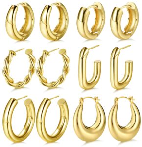 ironbox 6 pairs 14k gold chunky hoop earrings for women lightweight chunky hoop earrings thick open twisted huggie hoop earrings jewelry for gifts gold