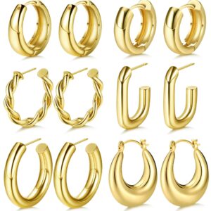 IRONBOX 6 Pairs 14K Gold Chunky Hoop Earrings for Women Lightweight Chunky Hoop Earrings Thick Open Twisted Huggie Hoop Earrings Jewelry for Gifts Gold