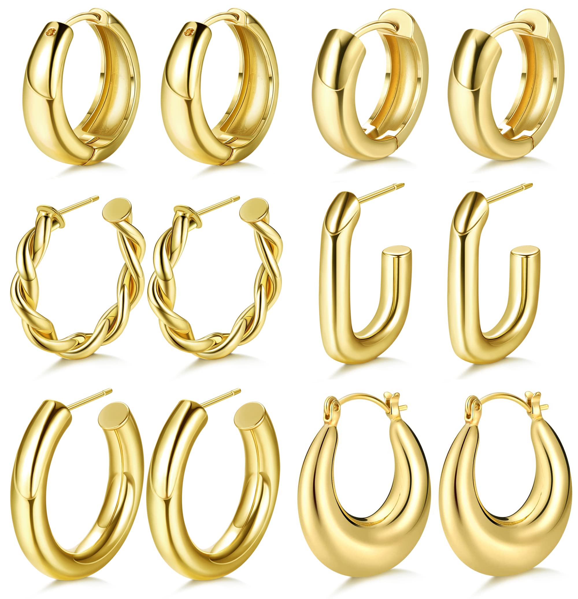 IRONBOX 6 Pairs 14K Gold Chunky Hoop Earrings for Women Lightweight Chunky Hoop Earrings Thick Open Twisted Huggie Hoop Earrings Jewelry for Gifts Gold