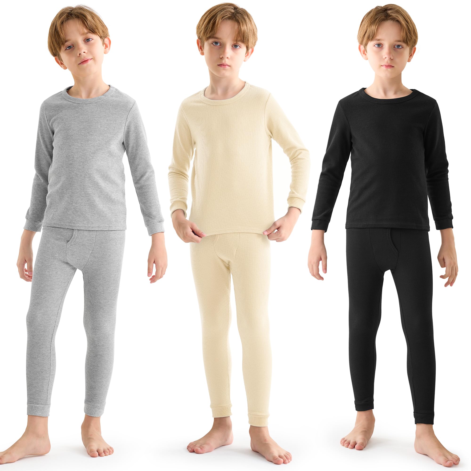 Resinta 3 Sets Boys Waffle Thermal Underwear Set Soft Winter Waffle Thermal Top and Bottom Long Johns Cotton Base Layer