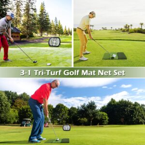 Foldable Golf Hitting Mat + Training Net, Portable Tri-Turf Mat & Golf Chipping Net Set for Swing Optimal Practice - Heavy Duty Folding Tri-Turf Golf Mat Indoor/Outdoor Pad