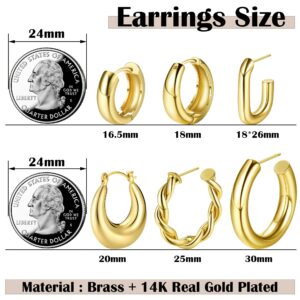 IRONBOX 6 Pairs 14K Gold Chunky Hoop Earrings for Women Lightweight Chunky Hoop Earrings Thick Open Twisted Huggie Hoop Earrings Jewelry for Gifts Gold