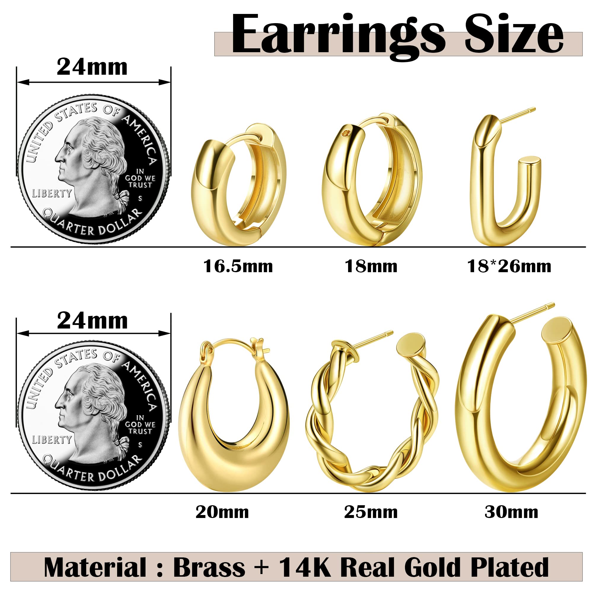 IRONBOX 6 Pairs 14K Gold Chunky Hoop Earrings for Women Lightweight Chunky Hoop Earrings Thick Open Twisted Huggie Hoop Earrings Jewelry for Gifts Gold