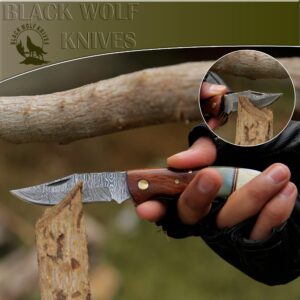 Back Lock Handmade Folding knifeBack Lock Pocket knife Damascus Steel Blade Back Lock Camel Bone Handle Leather Sheath BW-5173