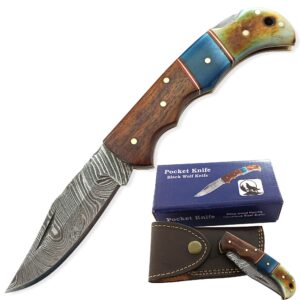 Back Lock Handmade Folding knifeBack Lock Pocket knife Damascus Steel Blade Back Lock Camel Bone Handle Leather Sheath BW-5173