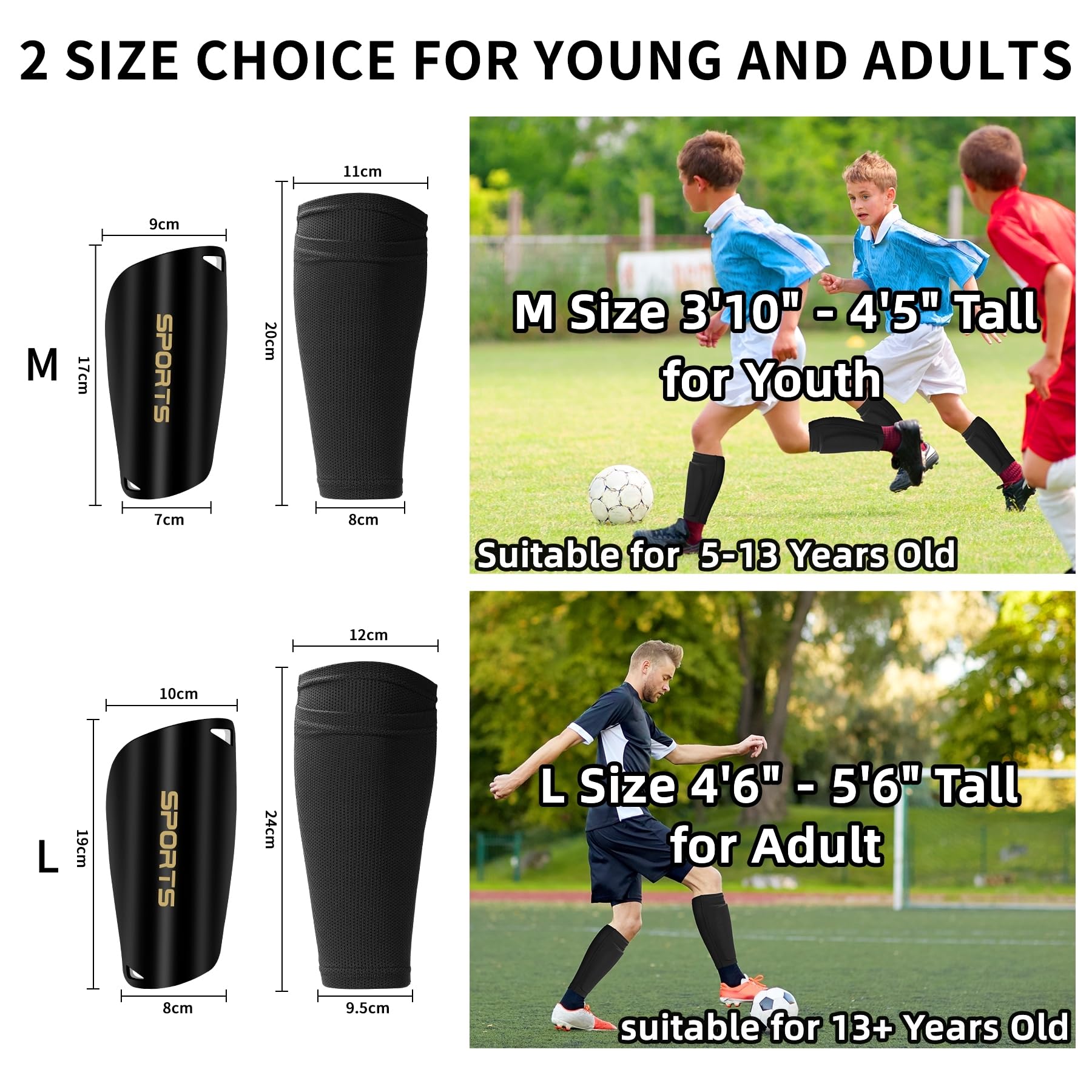 R2Depot Soccer Shin Guards, Shin Pads with Shin Guard Sleeves Set for Youth Adult, EVA Cushion Protection, Breathable Calf Protective Gear -Black L