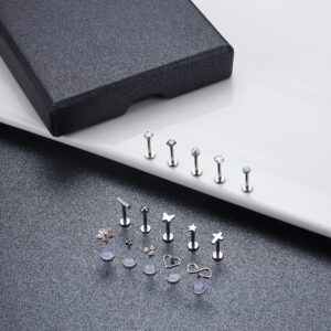 ZELORES 15Pcs 16G Tragus Helix Piercing Jewelry 316l Stainless Steel Flat Back Earrings Threadless Push in Lip Rings Labret Studs Monroe Medusa Piercing Jewelry Cartilage Earrings For Women Men 6mm