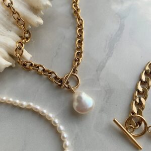 Cult of Sun Baroque Pearl Necklace 18K Gold Plated Tarnish Resistant Freshwater Pearl Necklace Gold Pearl Necklace Toggle Necklace Cultured Pearl Necklace Gold Toggle Necklace Chunky Pearl Necklace