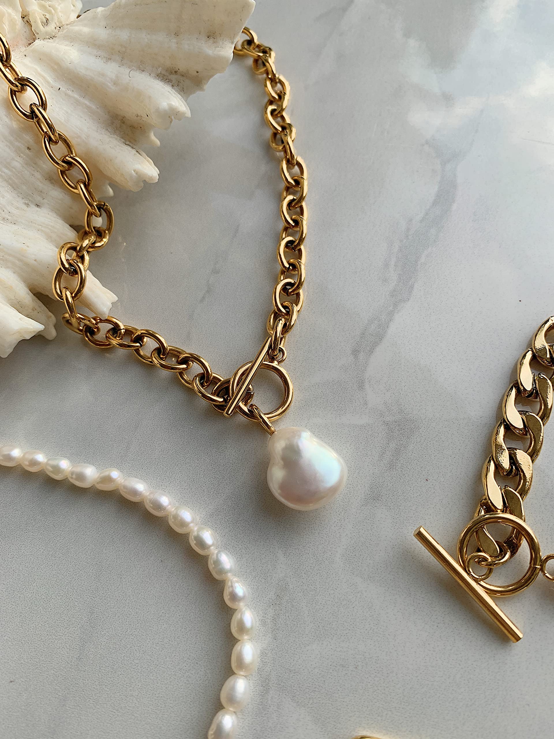 Cult of Sun Baroque Pearl Necklace 18K Gold Plated Tarnish Resistant Freshwater Pearl Necklace Gold Pearl Necklace Toggle Necklace Cultured Pearl Necklace Gold Toggle Necklace Chunky Pearl Necklace