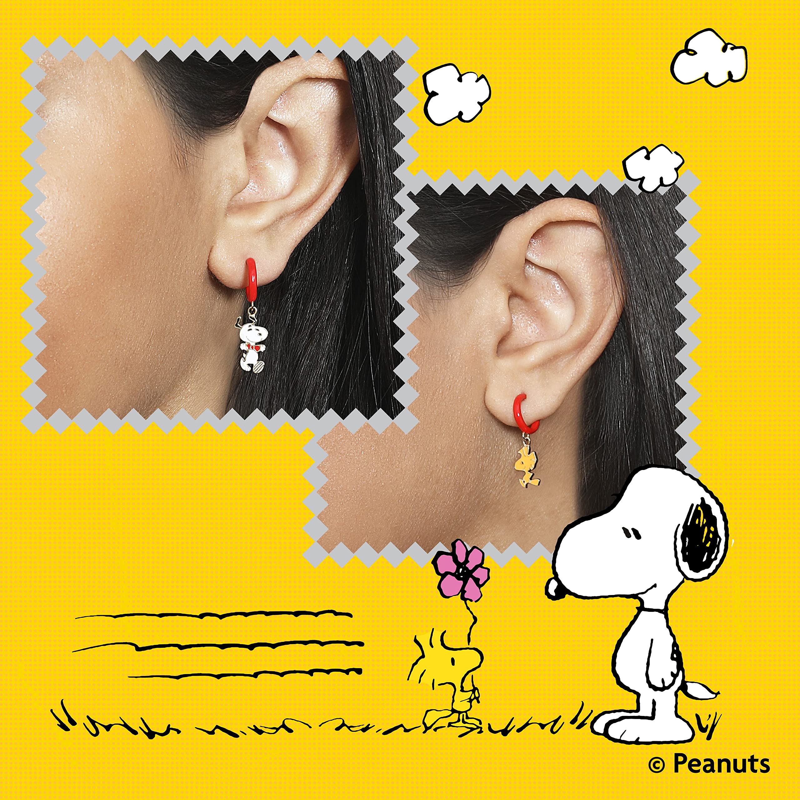 Peanuts Womens Flash Plated Sterling Silver and Enamel Woodstock and Snoopy Earrings - Small Hoop Dangle Earrings with Woodstock and Snoopy Charm - Officially Licensed