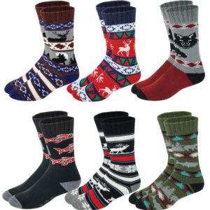 6 pairs Packs Thermal Lodge Socks for Men and Women, Heated Winter Non-Skid Boot Socks, Insulated for Cold (as1, numeric, numeric_10, numeric_13, regular, regular, Assorted Winter Themed, 10-13)