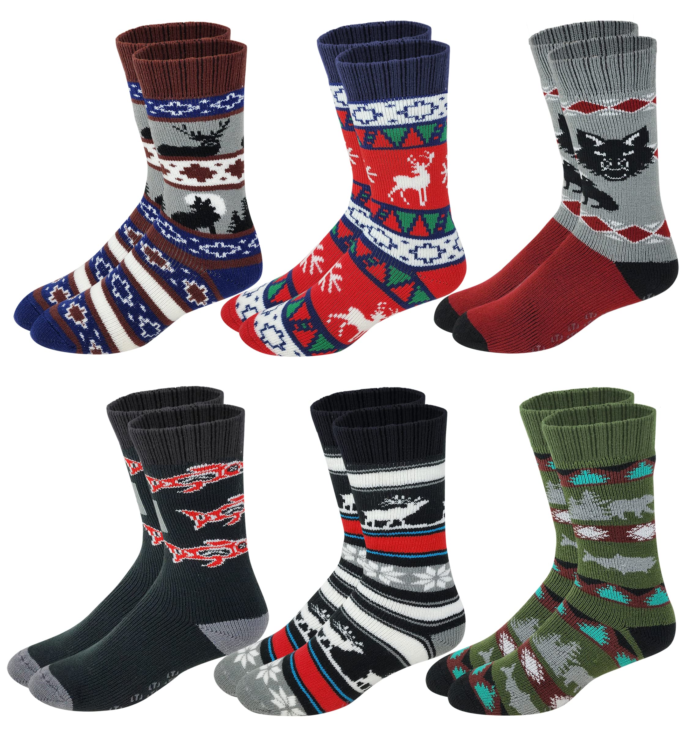 6 pairs Packs Thermal Lodge Socks for Men and Women, Heated Winter Non-Skid Boot Socks, Insulated for Cold (as1, numeric, numeric_10, numeric_13, regular, regular, Assorted Winter Themed, 10-13)