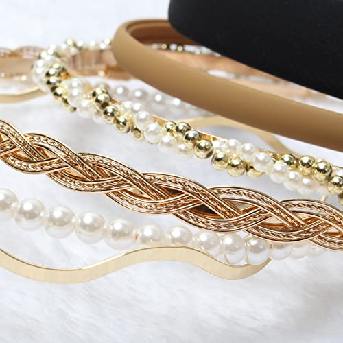 naibirdr 6PCS Different Designs Headbands for Women Gold Metal Hairband,Cute Pearl Headbands for Girls,Twisted Head Band,Black Solid Headbands Set…