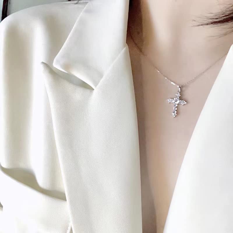 Peiyo Cross Necklace for Women Sterling Silver cubic zirconia Cross Clavicle Chain Mens Necklaces Christian Gifts