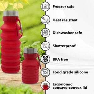 Gadgetime USA Collapsible Water Bottle (Red) Reusable, BPA Free, Silicone, Foldable Portable & Leak Proof - Water Bottles for Travel Gym Camping Hiking - Sports Water Bottle with Carabiner