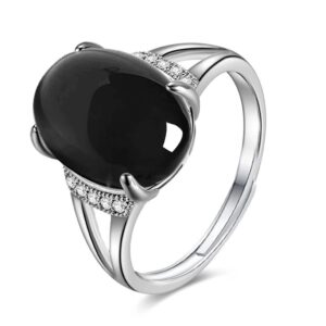 DALEGEM Adjustable Women Natural Agate Onyx Stone Ring,Platinum Plated S925 Sterling Silver Open Real Genuine Quartz Gemstone Ring (Stone_B, Adjustable)