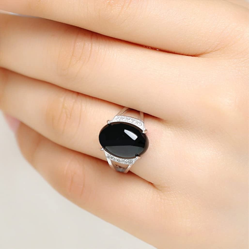 DALEGEM Adjustable Women Natural Agate Onyx Stone Ring,Platinum Plated S925 Sterling Silver Open Real Genuine Quartz Gemstone Ring (Stone_B, Adjustable)