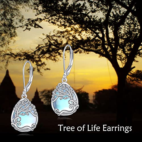 Moonstone Earrings for Women 925 Sterling Silver Tree of Life Drop Dangle Earrings Leverback Teardrop Jewelry Gifts (B-Moonstone Tree of Life)